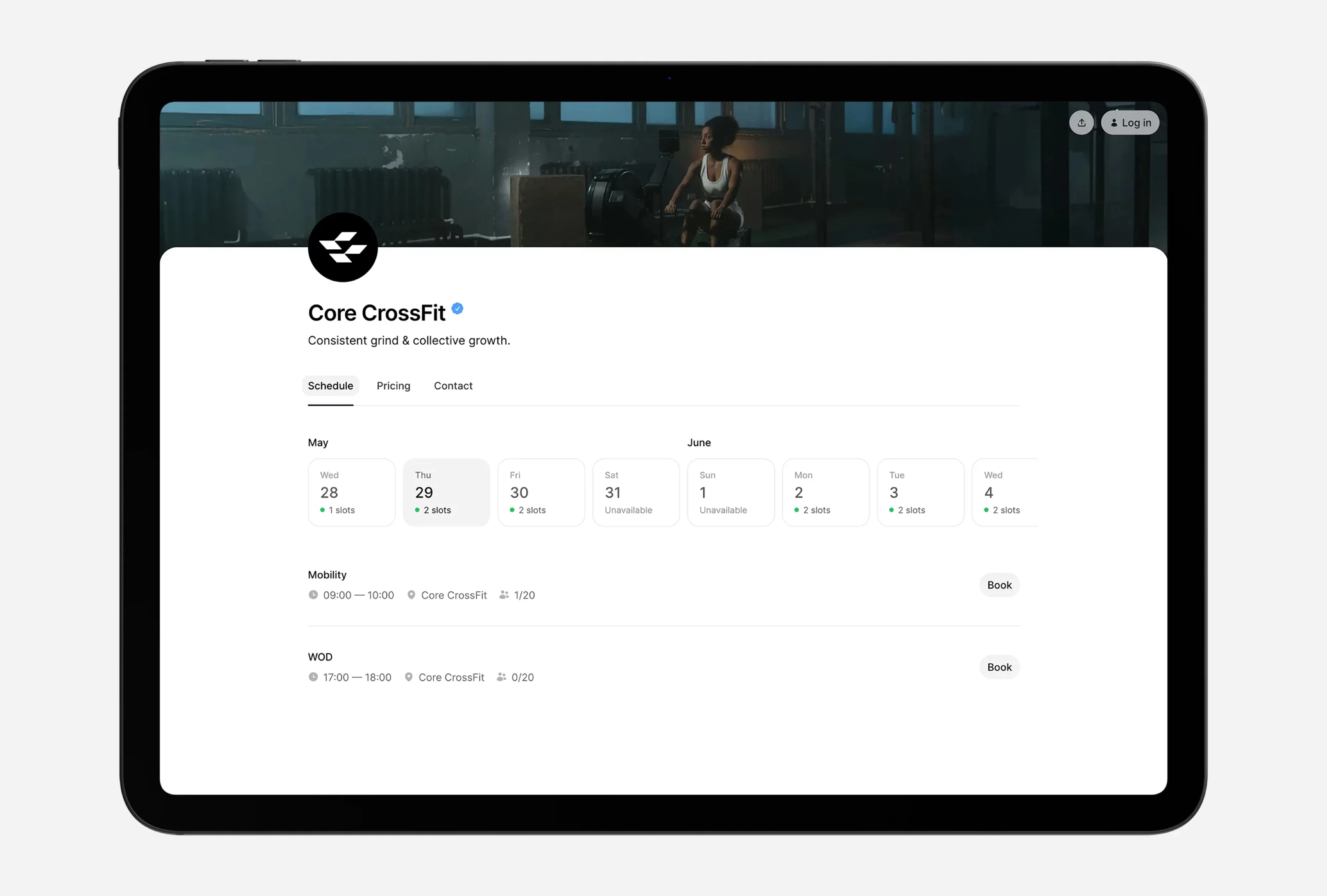 CrossFit gym booking software dashboard – time2book class schedule and booking interface